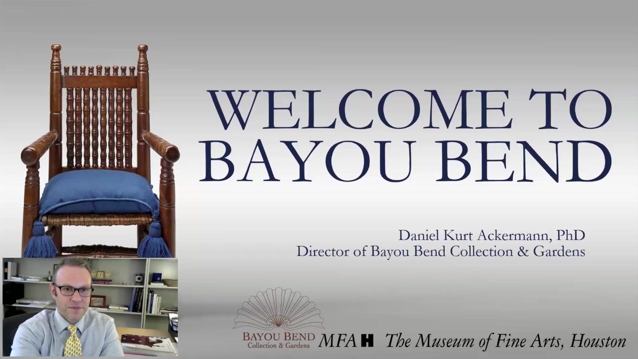 Dr. Daniel Ackermann on camera, discussing the Bayou Bend collection